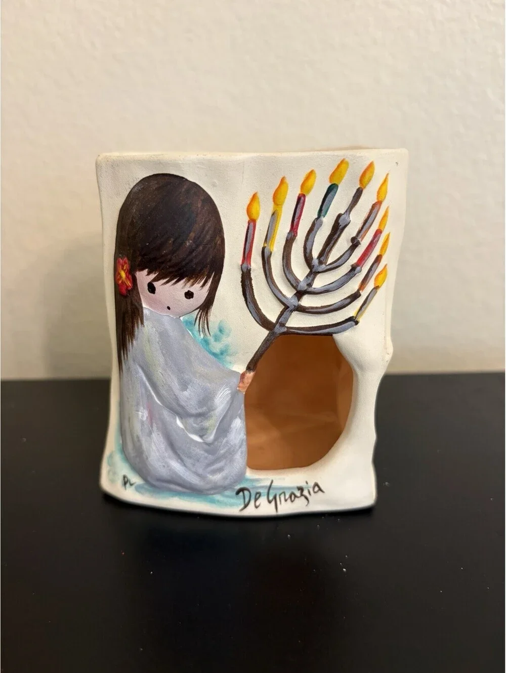 VTG De Grazia, Luminary Candle Holder, 4.5” ceramic Hand Painted